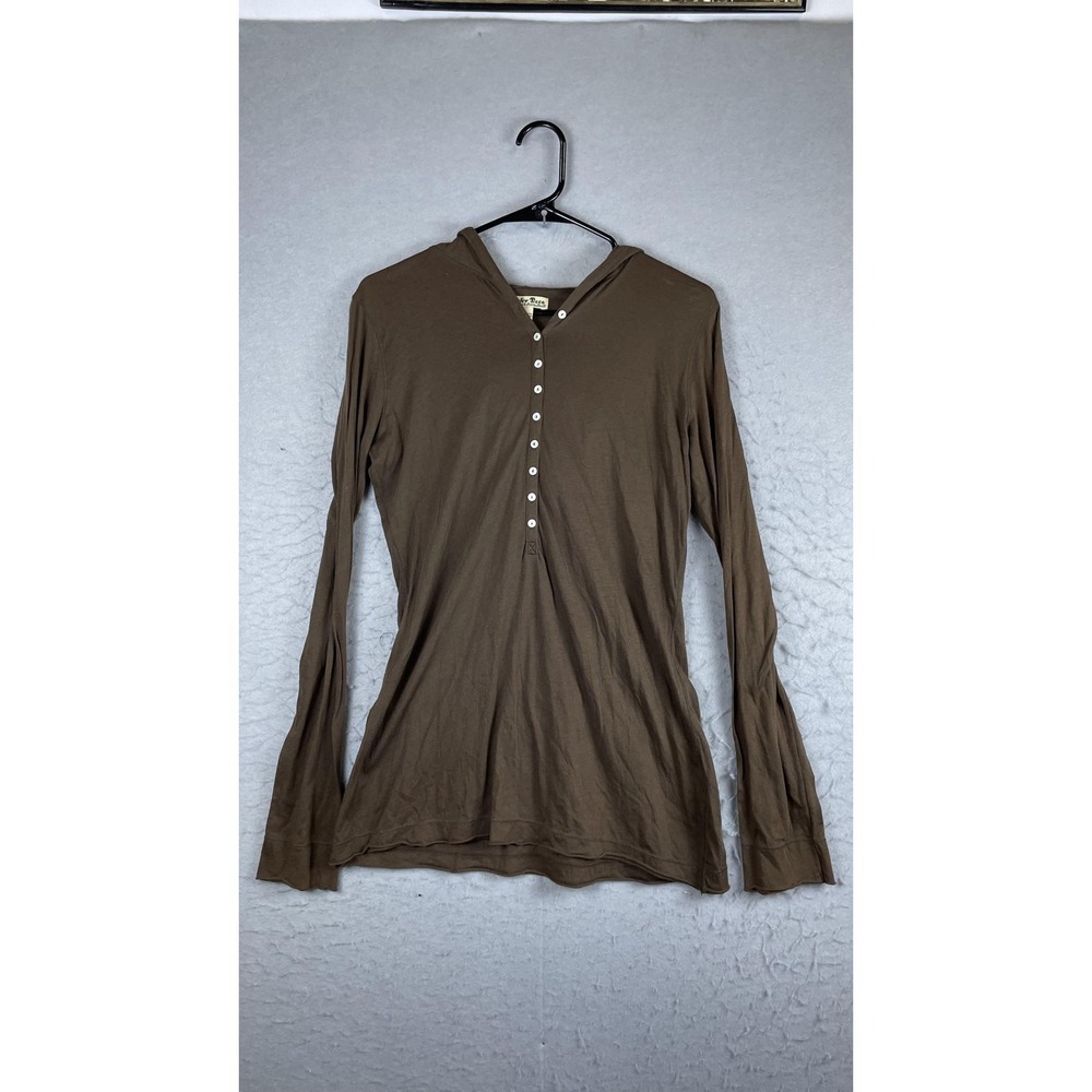 Lucky Tees Shirt Womens Medium Brown Hooded Henley Long Sleeve Tee Top Jersey